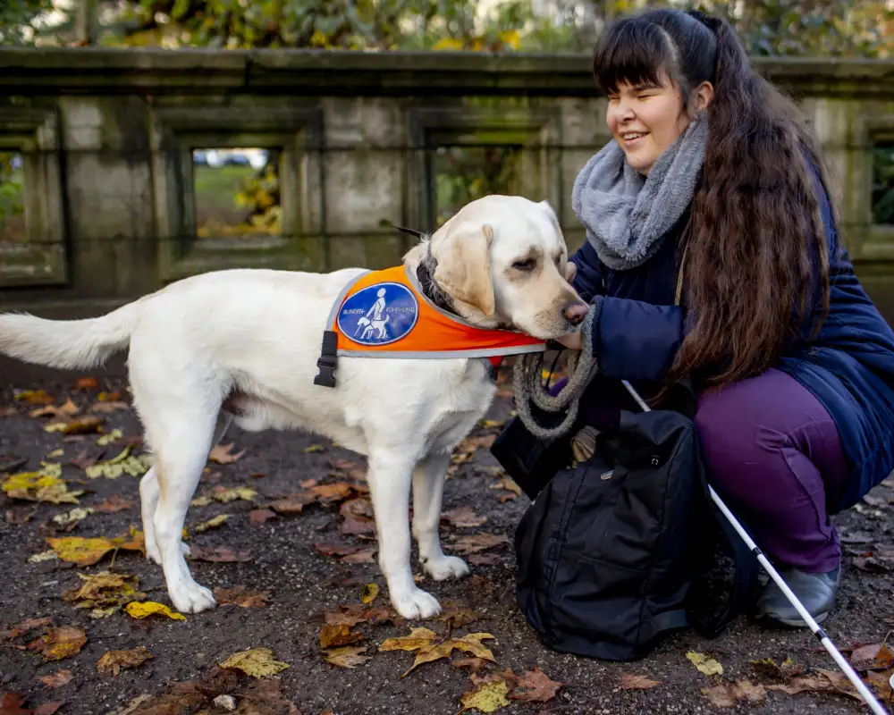 Eine junge Frau kniet neben einem Labrador. Der Hund trägt ein Blindenführhund-Halsband.