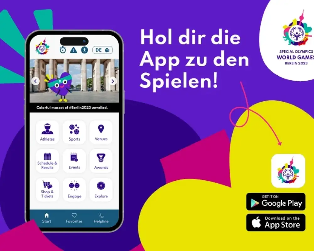 Drei Screenshots der App "Special Olympics World Games Berlin 2023"