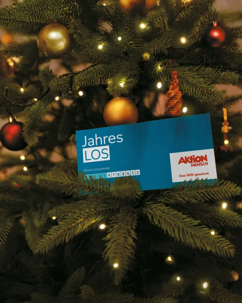 Ein Aktion Mensch-Jahreslos liegt in einem geschmückten Tannenbaum.