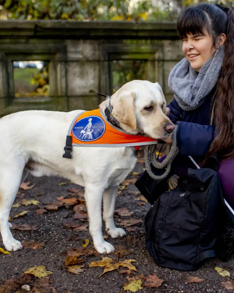 Eine junge Frau kniet neben einem Labrador. Der Hund trägt ein Blindenführhund-Halsband.