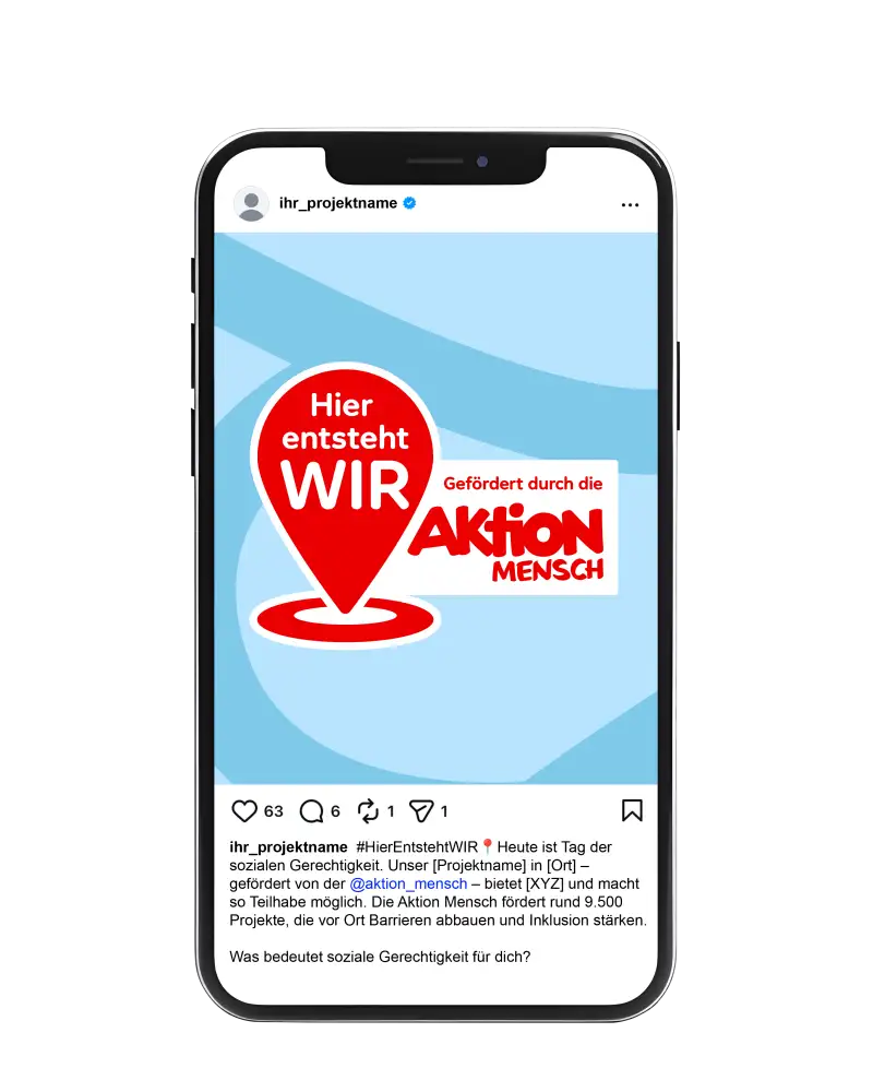 Abbildung eines Smartphones, auf dessen Display das Logo zum Aktionstag #HierEntstehtWIR zu sehen ist.