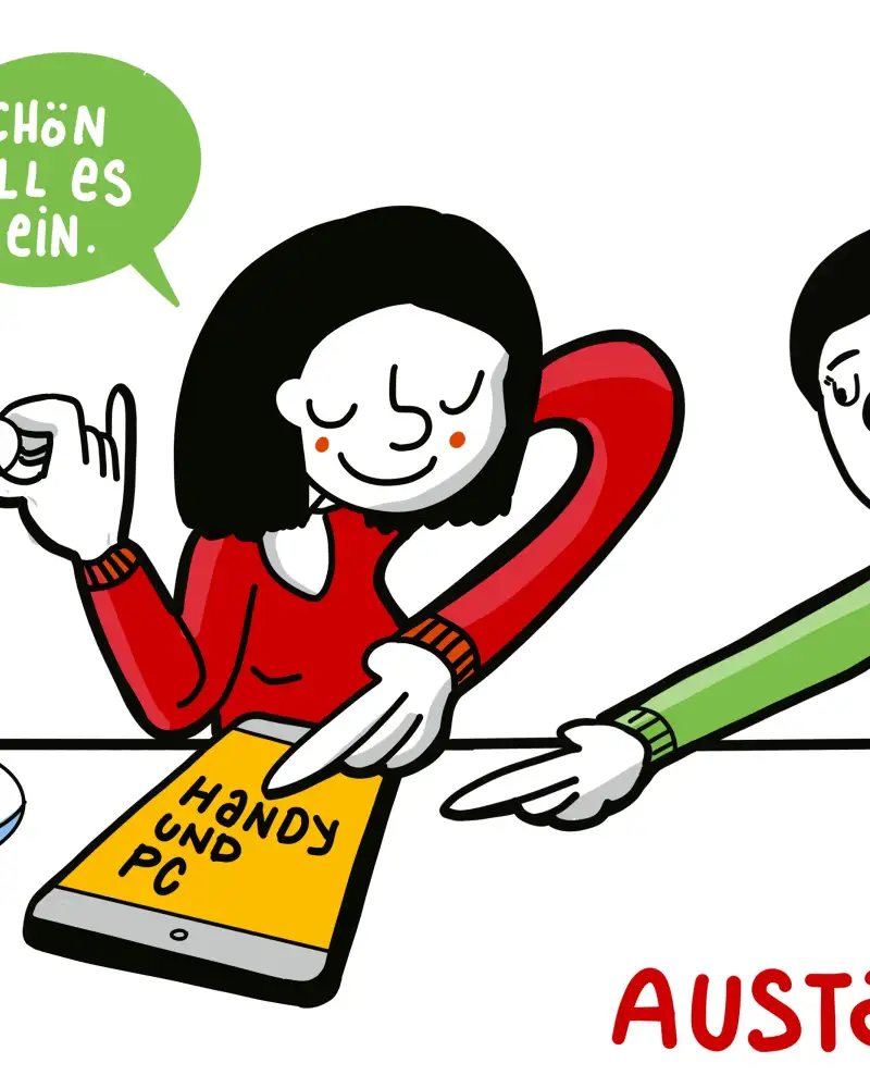 Zeichnung: zwei Frauen sitzen nebeneinander am Tisch und zeigen auf ein Smartphone. In einer Sprechblase steht "schön soll es sein".