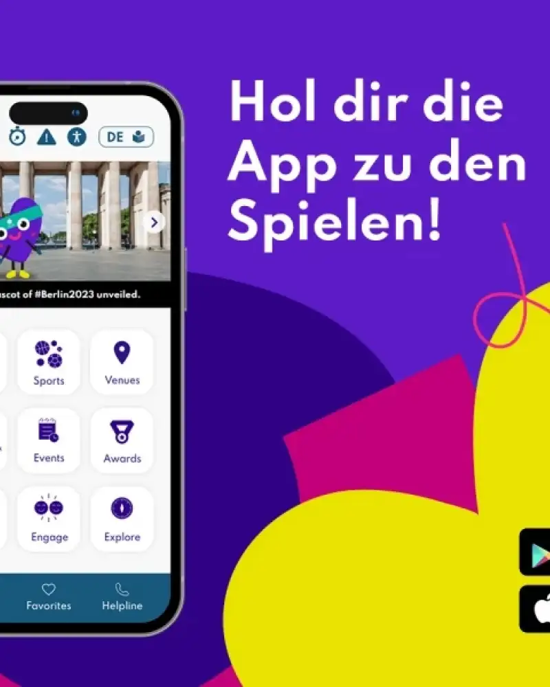 Drei Screenshots der App "Special Olympics World Games Berlin 2023"