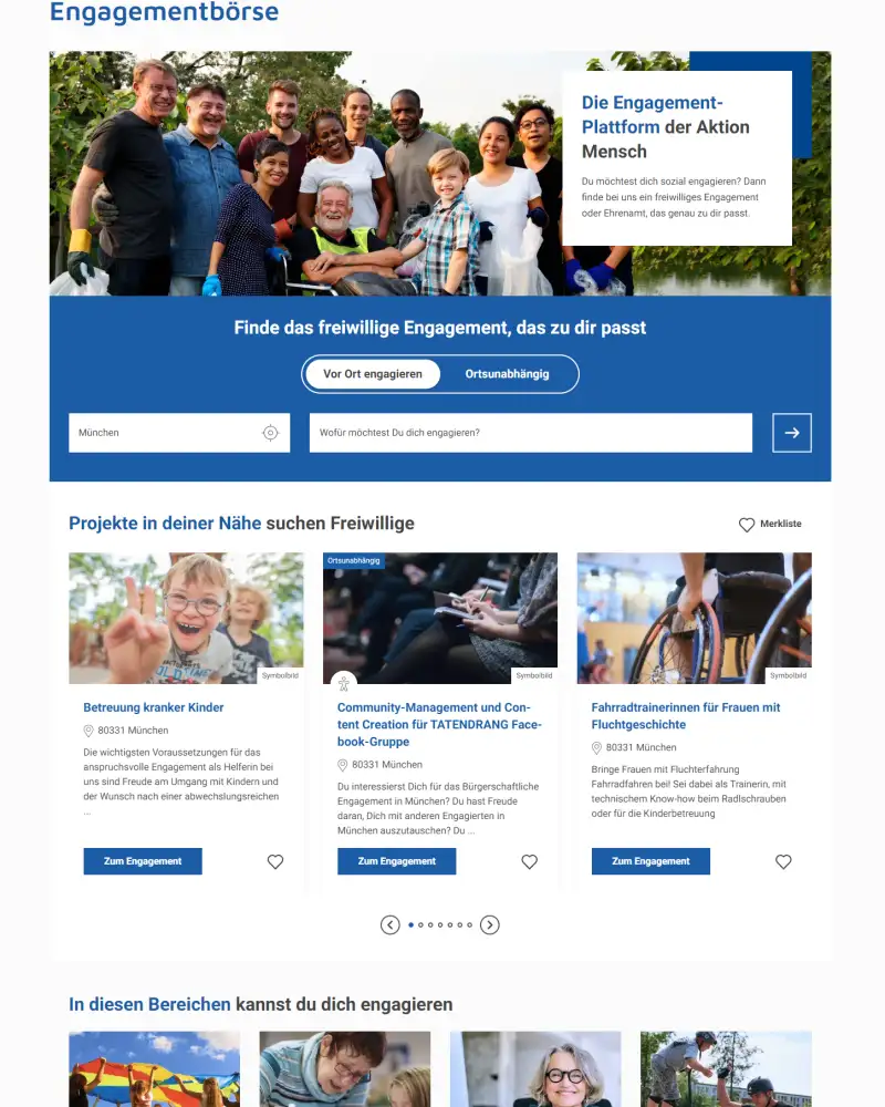 Ein Screenshot der Webseite der lagfa Bayern. Man sieht die Einbindung der Engagement-Plattform der Aktion Mensch. Oben ist der Titel "Engagementbörse" zu lesen, darunter sieht man das Foto einer Gruppe von Menschen in einem Garten. Darunter steht auf dunkelblauem Hintergrund der Text "Finde das freiwillige Engagement, das zu dir passt". Noch weiter unten sind drei Teaser zu Engagementangeboten mit dunkelblauen Buttons zu sehen.