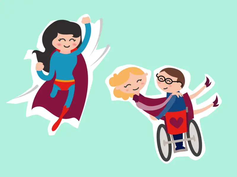 Zwei Sticker: eine Superwoman mit nur einem Bein und ein Paar, bei dem eine Person im Rollstuhl sitzt und die andere auf ihrem Schoß.