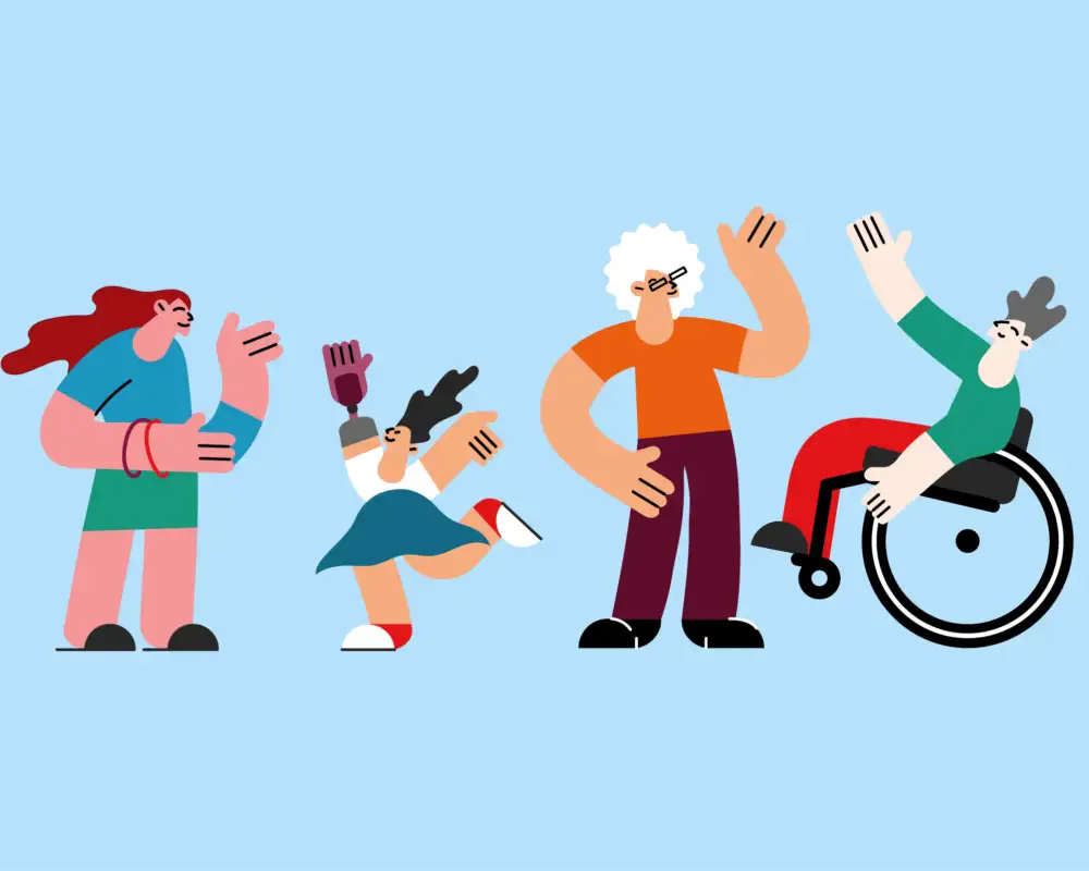 Illustration: mehrere Personen mit unterschiedlichen Behinderungen.