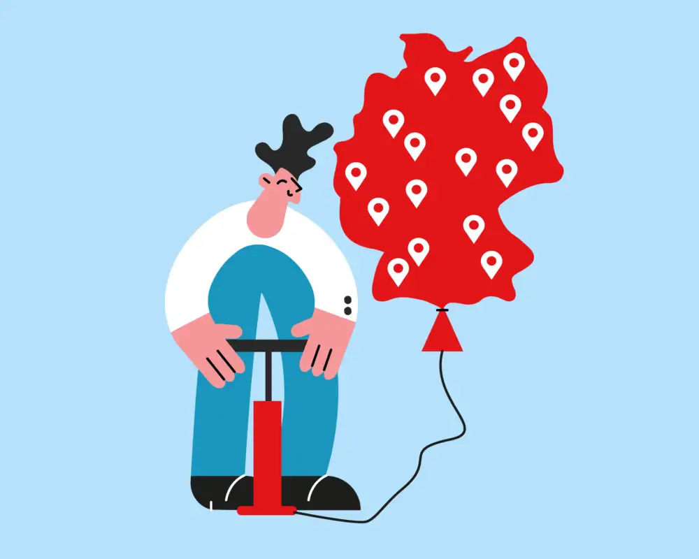 Illustration: eine Person pumpt mit einer Fußluftpumpe einen Ballon auf. Der Ballon hat die Form von Deutschland.