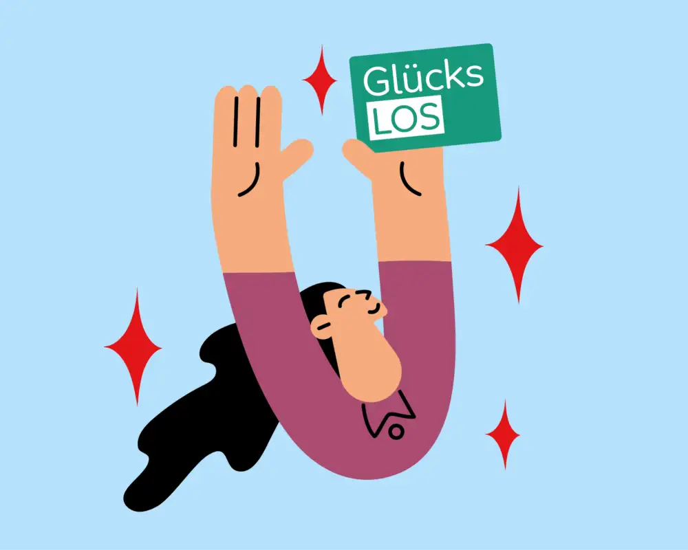 Illustration einer jubelnden Frau. In einer Hand hält sich ein Glücks-Los.