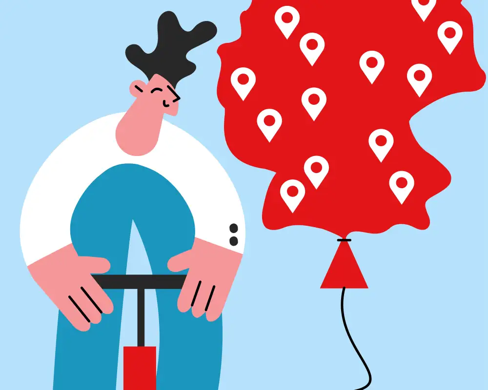 Grafik einer Person mit Fußluftpumpe. Sie pumpt einen Ballon in Deutschlandform auf.