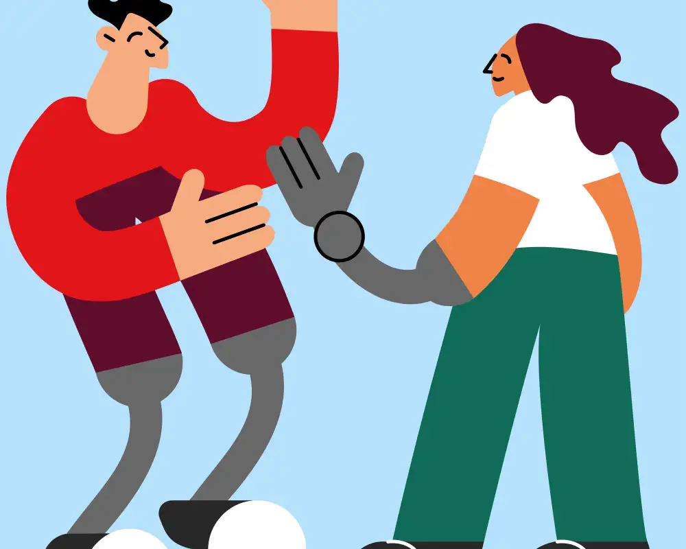 Grafik von zwei Personen, die sich begrüßen. Eine Person hat Beinprothesen, die andere eine Armprothese.