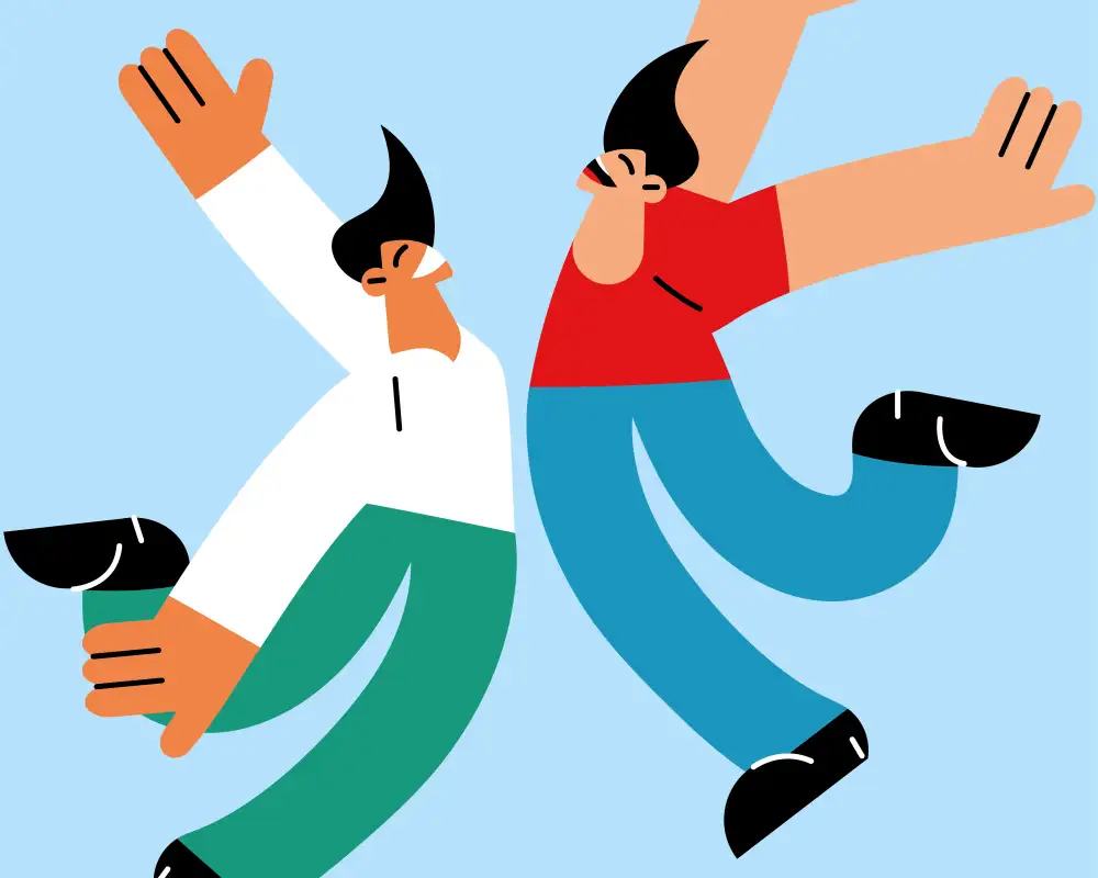 Grafik zweier Personen, die in die Luft gesprungen sind. Beide jubeln, ihre Bäuche berühren sich.
