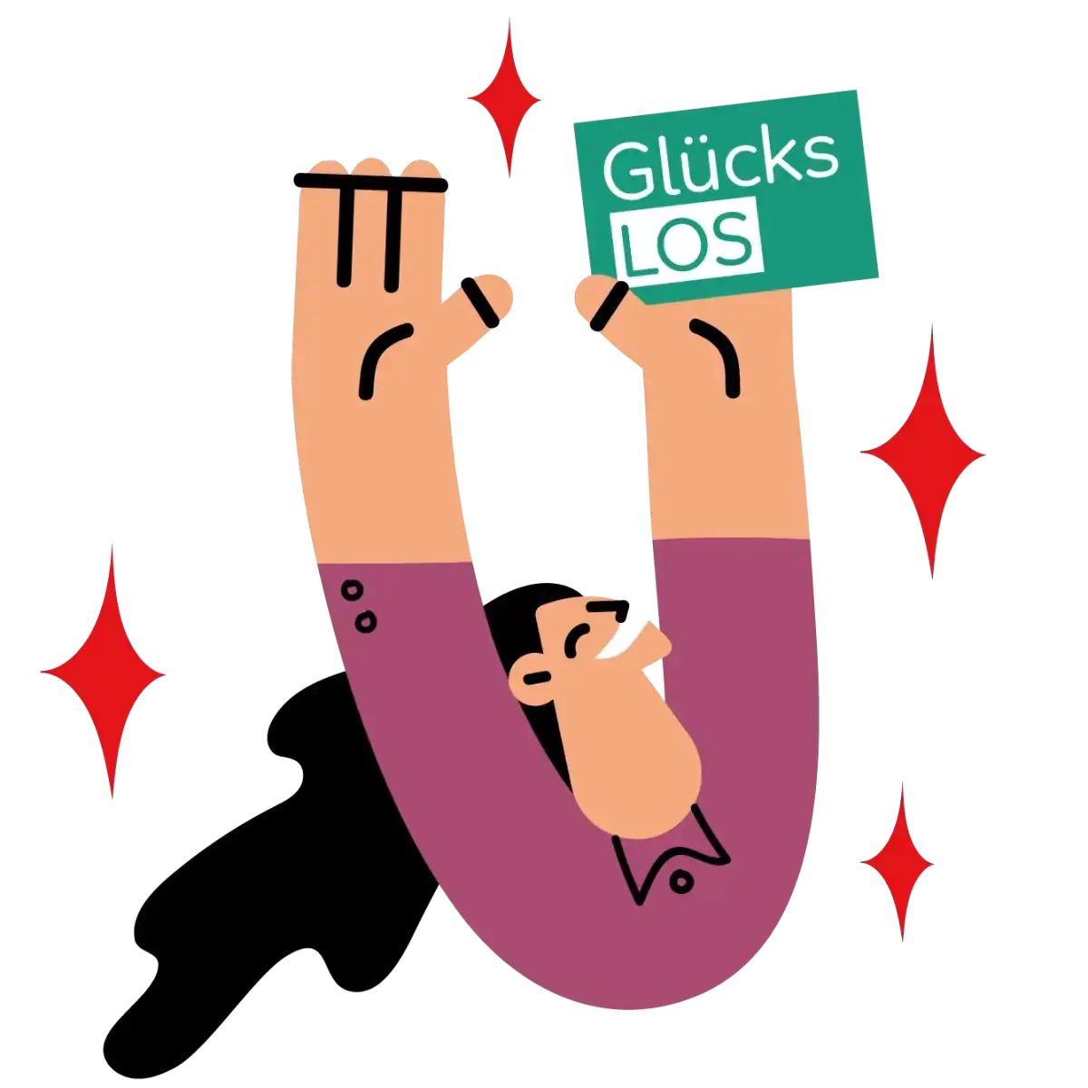 Grafik einer Person. Sie streckt die Arme in die Höhe. In der einen Hand hält sie ein Glücks-Los.