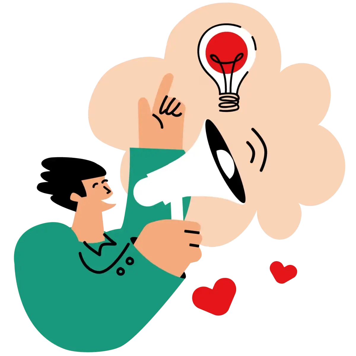 Grafik einer Person mit Megafon. In einer Gedankenblase sieht man eine Glühbirne.