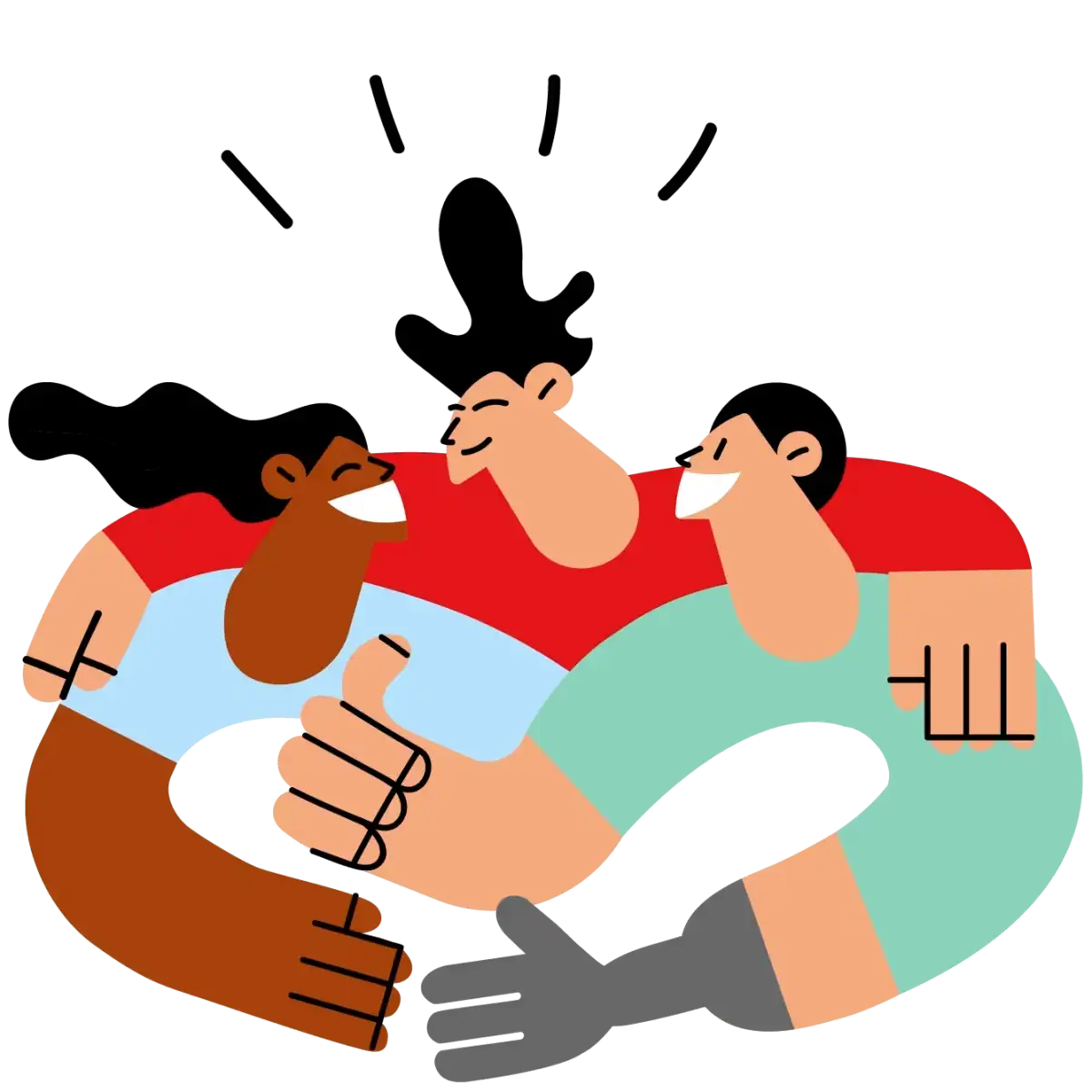 Eine Grafik zeigt drei Personen, die sich umarmen. Die Armen von den am Rand stehenden Personen bilden ein Herz.