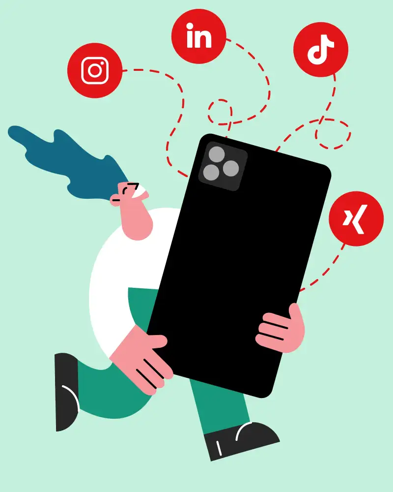 Illustration einer laufenden Person. Sie trägt ein überdimensional großes Smartphone in den Händen. Um sie herum sind Icons von Instagram, LinkedIn, Tiktok und Xing.