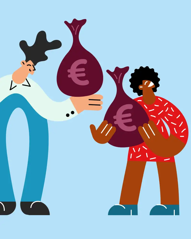 Illustration von zwei Personen. Beide haben einen Sack in der Hand auf dem das Euro-Zeichen zu sehen ist.