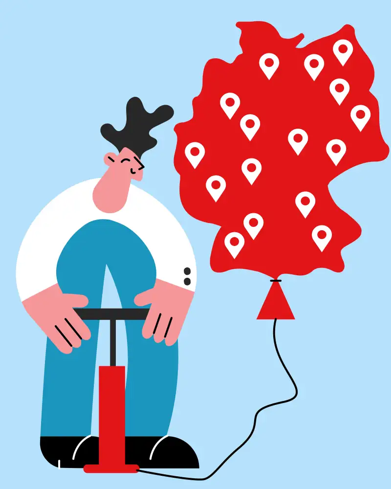 Grafik einer Person mit Fußluftpumpe. Sie pumpt einen Ballon in Deutschlandform auf.