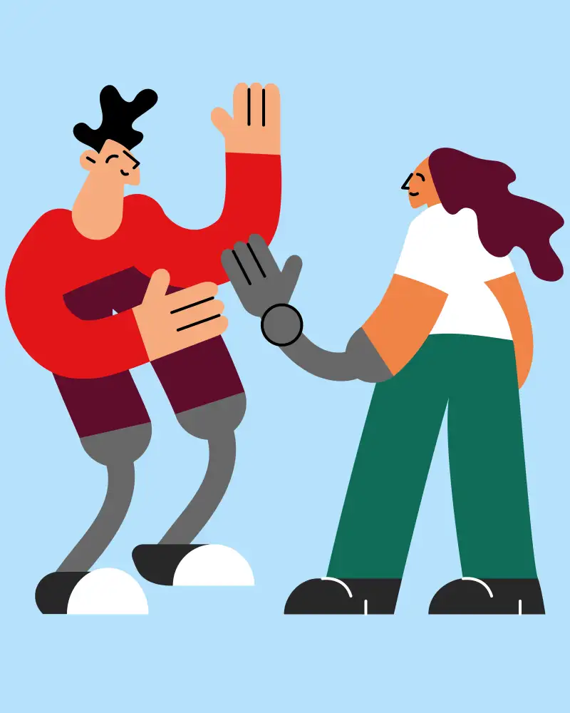 Grafik von zwei Personen, die sich begrüßen. Eine Person hat Beinprothesen, die andere eine Armprothese.