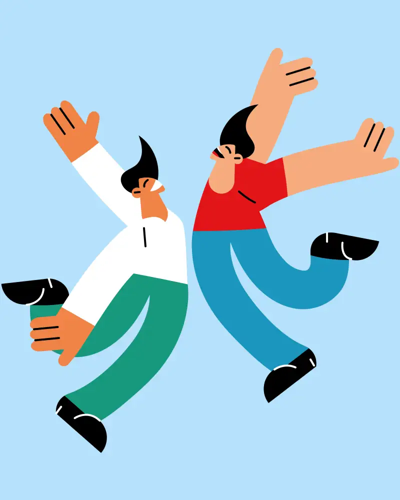 Grafik zweier Personen, die in die Luft gesprungen sind. Beide jubeln, ihre Bäuche berühren sich.