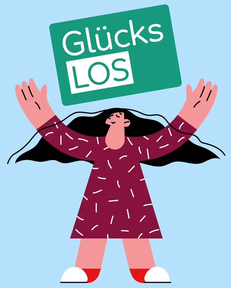 Grafik einer jublenden Person mit erhobenen Armen. Über ihr ist ein Aktion Mensch-Los zu sehen.