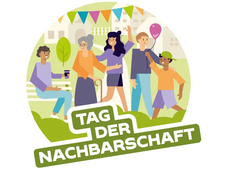 Eine Illustration mit einer diversen Gruppe von Personen im Freien, die unter einer Girlande zusammen feiern. Darunter stehen die Worte "Tag der Nachbarschaft"