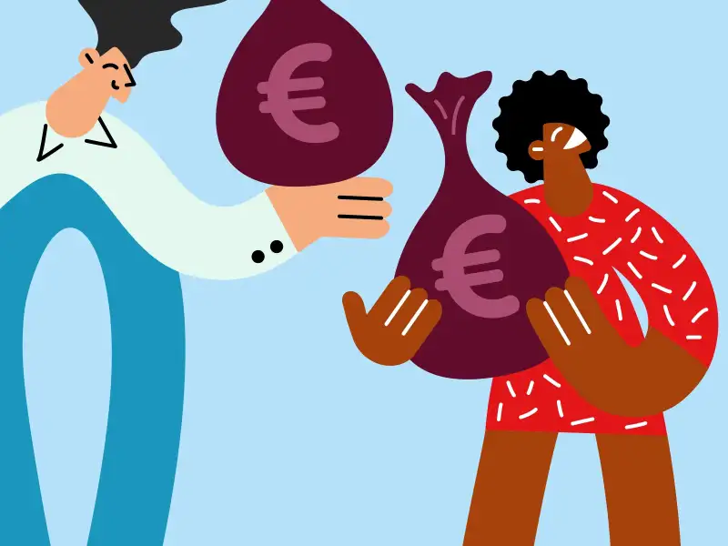Illustration von zwei Personen. Beide haben einen Sack in der Hand auf dem das Euro-Zeichen zu sehen ist.