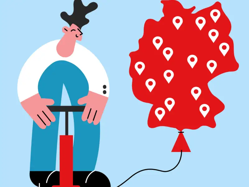 Grafik einer Person mit Fußluftpumpe. Sie pumpt einen Ballon in Deutschlandform auf.