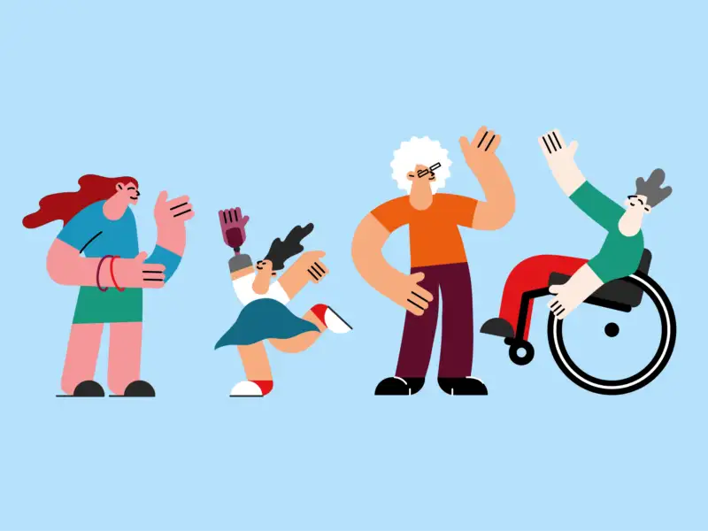 Illustration: mehrere Personen mit unterschiedlichen Behinderungen.