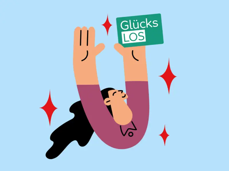 Illustration einer jubelnden Frau. In einer Hand hält sich ein Glücks-Los.