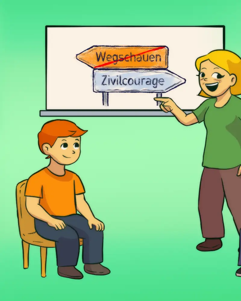 Grafik: Eine Frauenfigur zeigt auf ein Plakat. Darauf sind zwei Wegweiser, die in verschiedene Richtungen zeigen. Auf einem steht Zivilcourage, auf dem anderen Wegschauen. Letzterer ist durchgestrichen. Daneben sitzt ein Junge auf einem Stuhl.