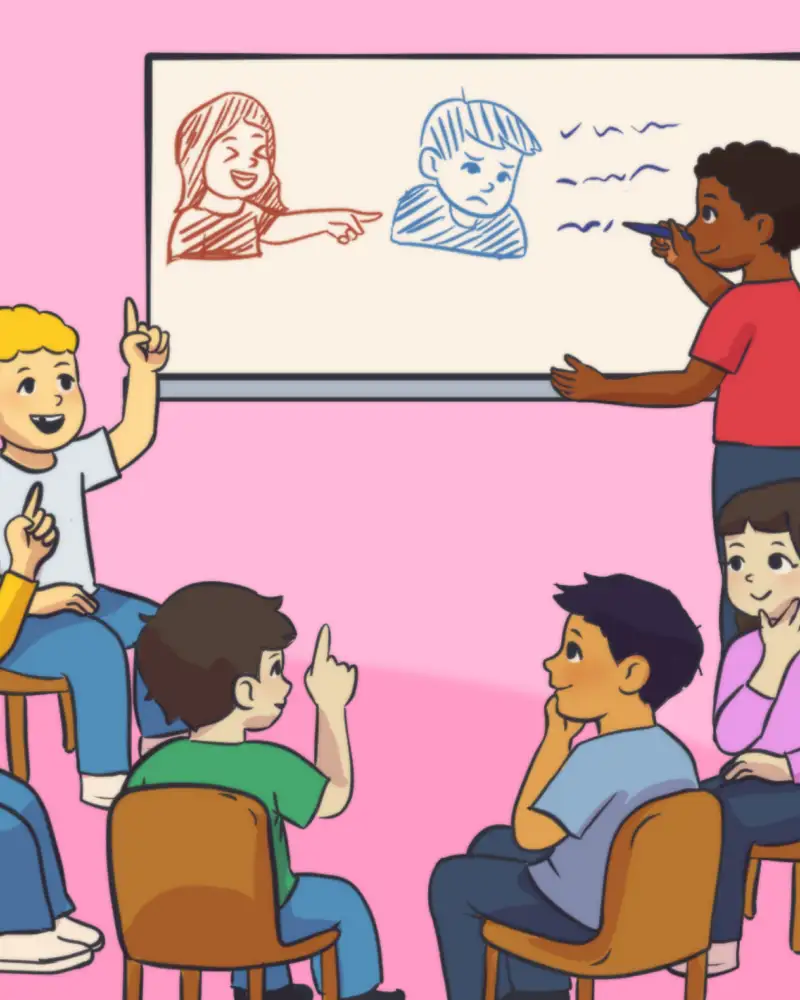 Grafik: Jungen und Mädchenfiguren schauen auf ein Bild mit einem Jungen und Mädchen.