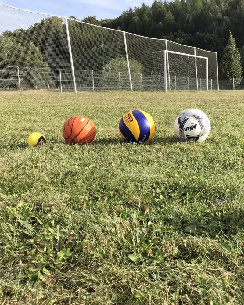 Auf einer eingezäunten Wiese liegt vorne im Bild eine Lautsprecherbox. Dahinter liegen vier Bälle in verschiedenen Größen. Weiter hinten ist ein Fußballtor und ein breites hohes Netz zu sehen.