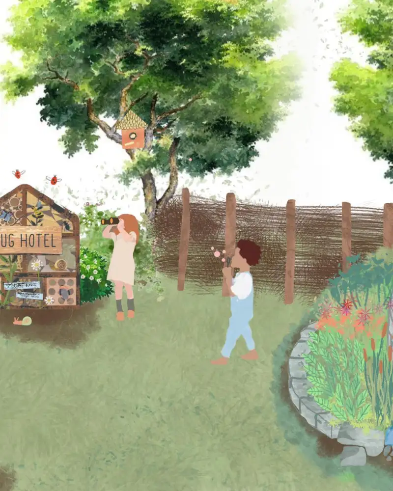 Grafik: Ein Junge und ein Mädchen in einem Garten, der Junge hält Blumen in der Hand. Das Mädchen schaut durch ein Fernglas über eine Hecke. Neben ihr steht ein Käferhotel.