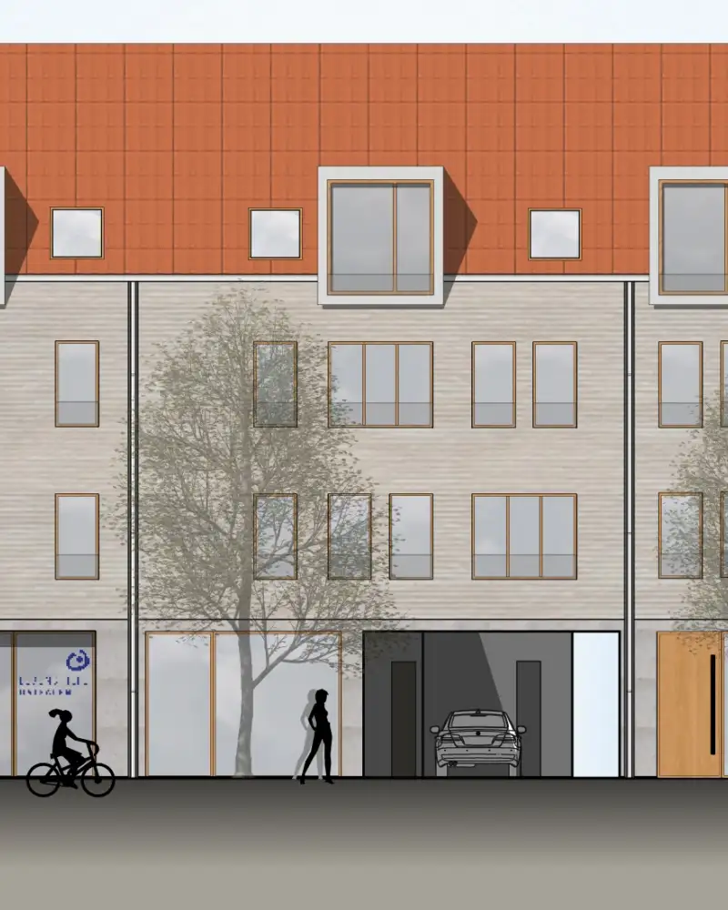Architekturskizze mit drei städtischen Gebäuden
