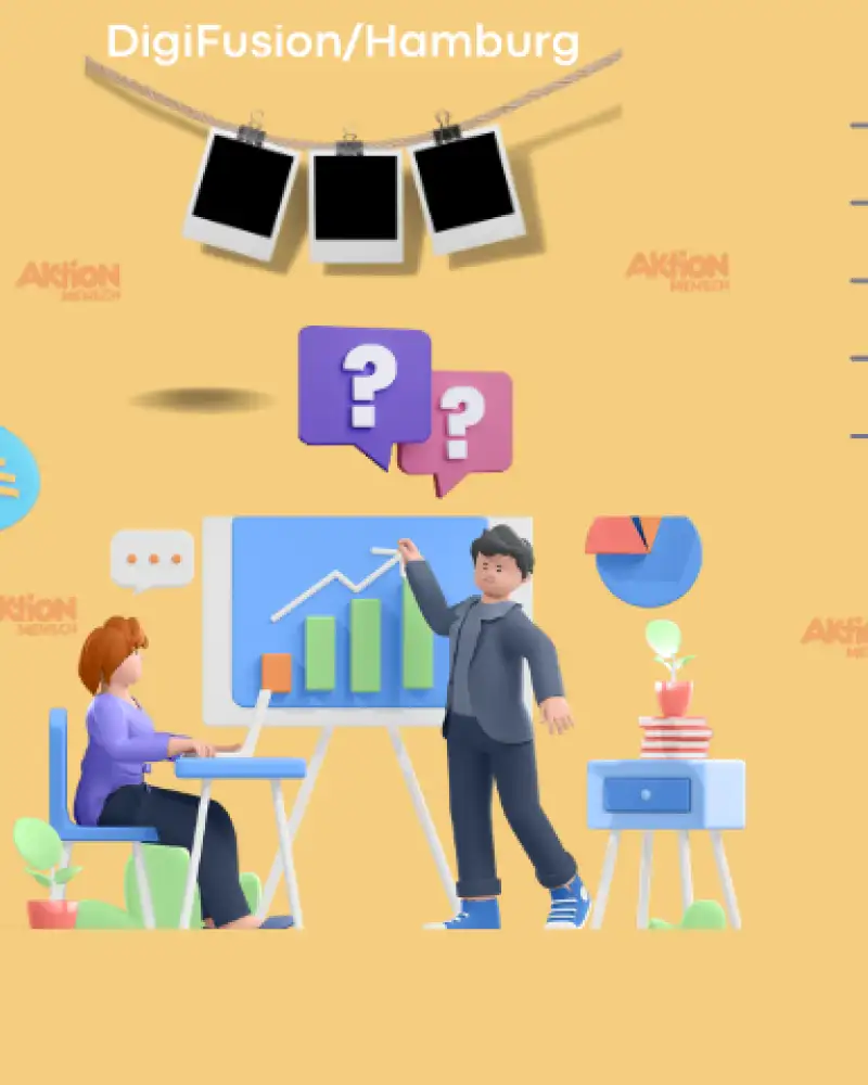 Grafik: In der Mitte sitzt eine weibliche Figur an einem Schreibtisch vor einem aufgeklappten Laptop. Daneben steht ein Mann, der auf einen großen Computerbildschirm zeigt.