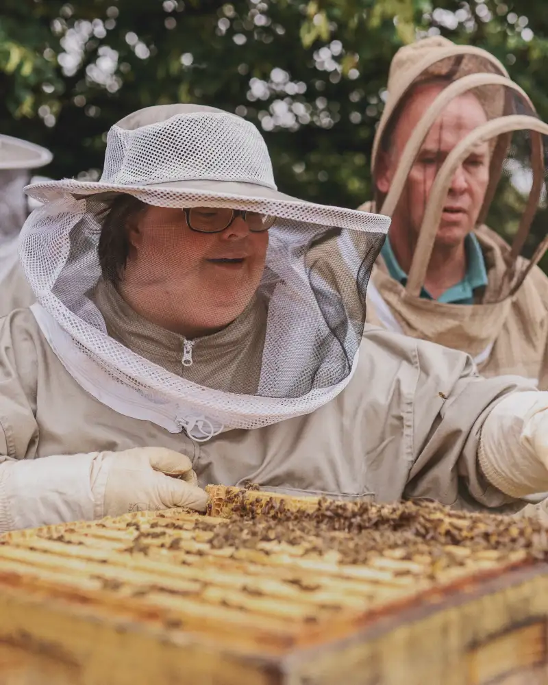 Drei Personen in Imker-Schutzkleidung an einem Bienenstock