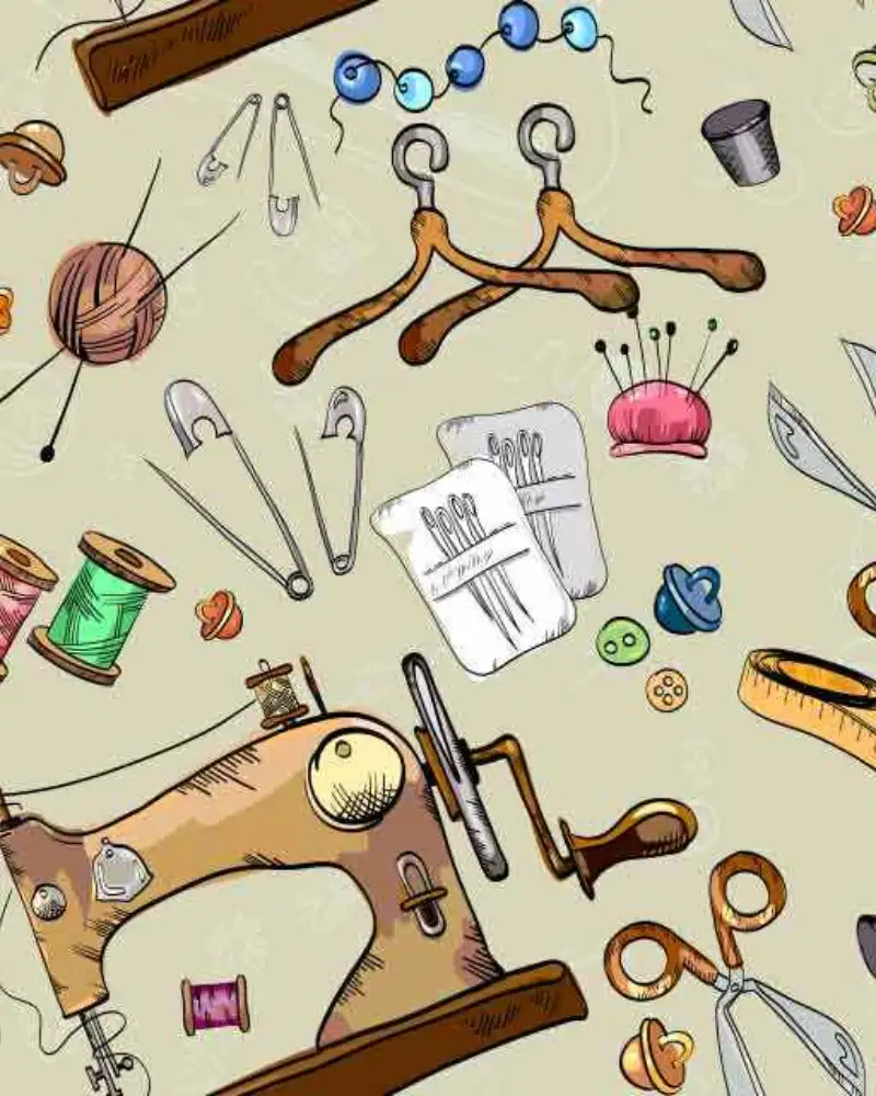 Auf einer Zeichnung sind viele Nähutensilien abgebildet: z.B. eine  Nähmaschine, Knöpfe, Nähgarn, Sicherheitsnadeln, Scheren und Fingerhüte