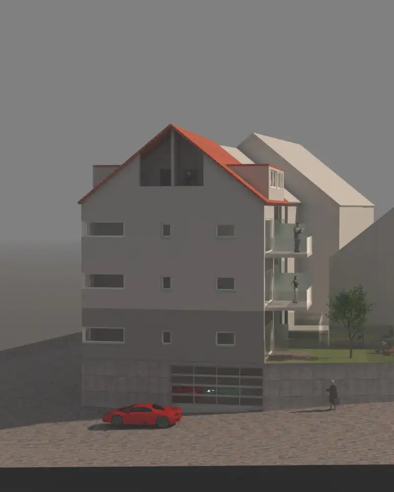 Grafik: Das Modell eines Wohnhauses mit drei Etagen,  einem ausgebauten Dachboden, Balkons und Garten.