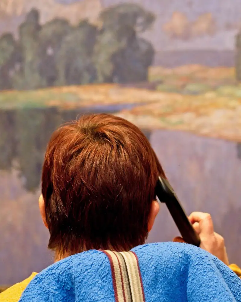 Eine Frau betrachtet ein Landschaftsbild. Dabei hält sie einen Audioguide ans Ohr.
