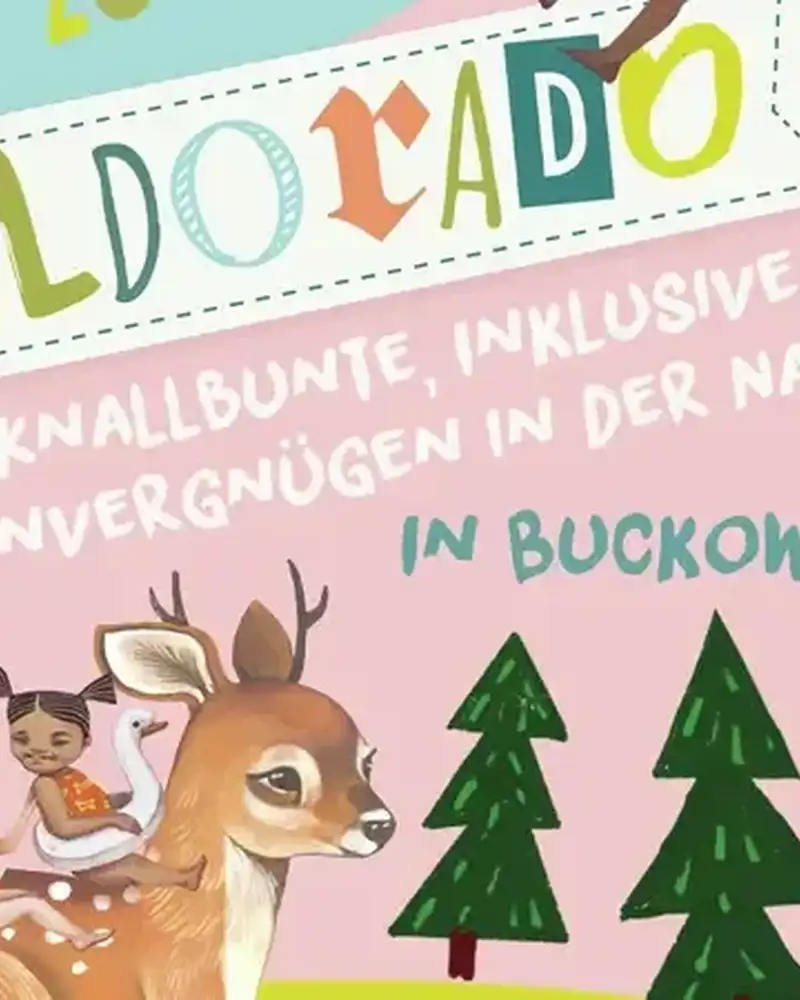 Flyer zum Festival Waldorado mit Zeichnungen von Menschen und Tieren im Wald