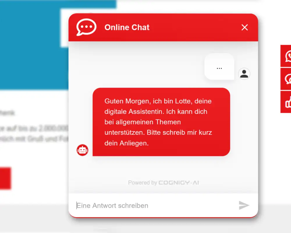 Computerbildschirm mit einem geöffneten Browser-Fenster, in dem ein Chat-Bot-Dialog zu sehen ist.
