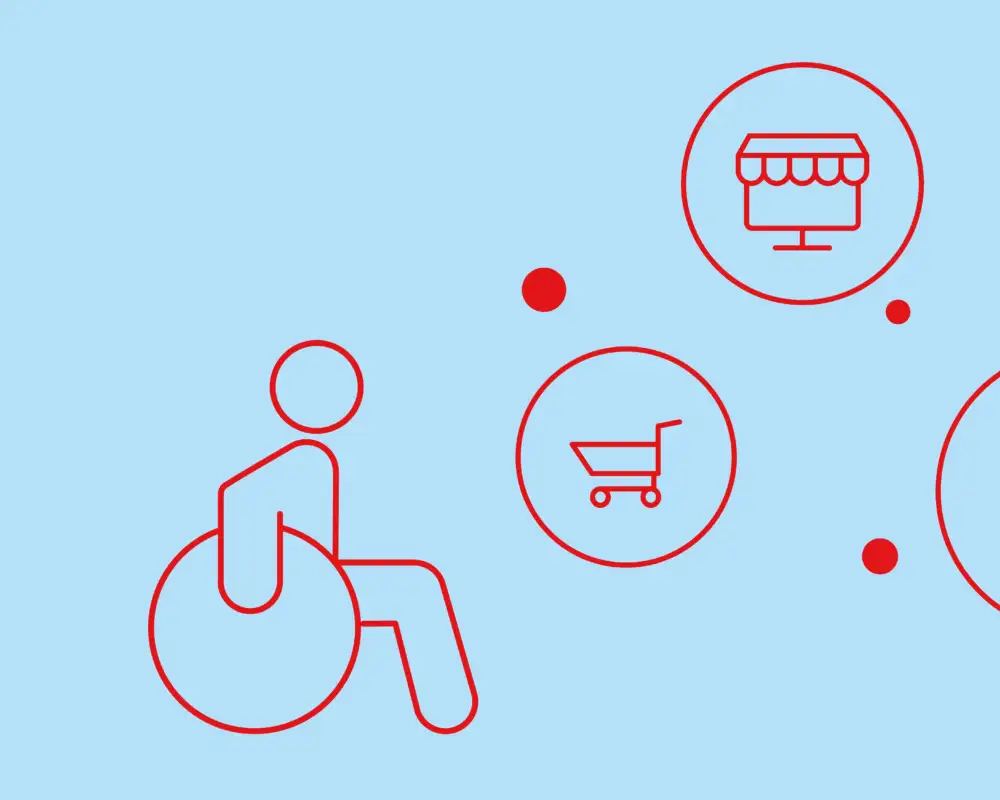 Eine Grafik auf der fünf Icons auf hellblauem Hintergrund verteilt sind: Eine Person im Rollstuhl, Ein Warenkorb, ein Bildschirm mit Markise (als Symbol für einen Online-Shop), ein Smartphone und ein Notebook.