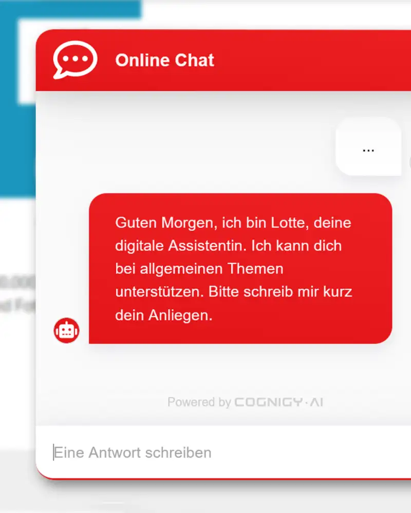 Computerbildschirm mit einem geöffneten Browser-Fenster, in dem ein Chat-Bot-Dialog zu sehen ist.