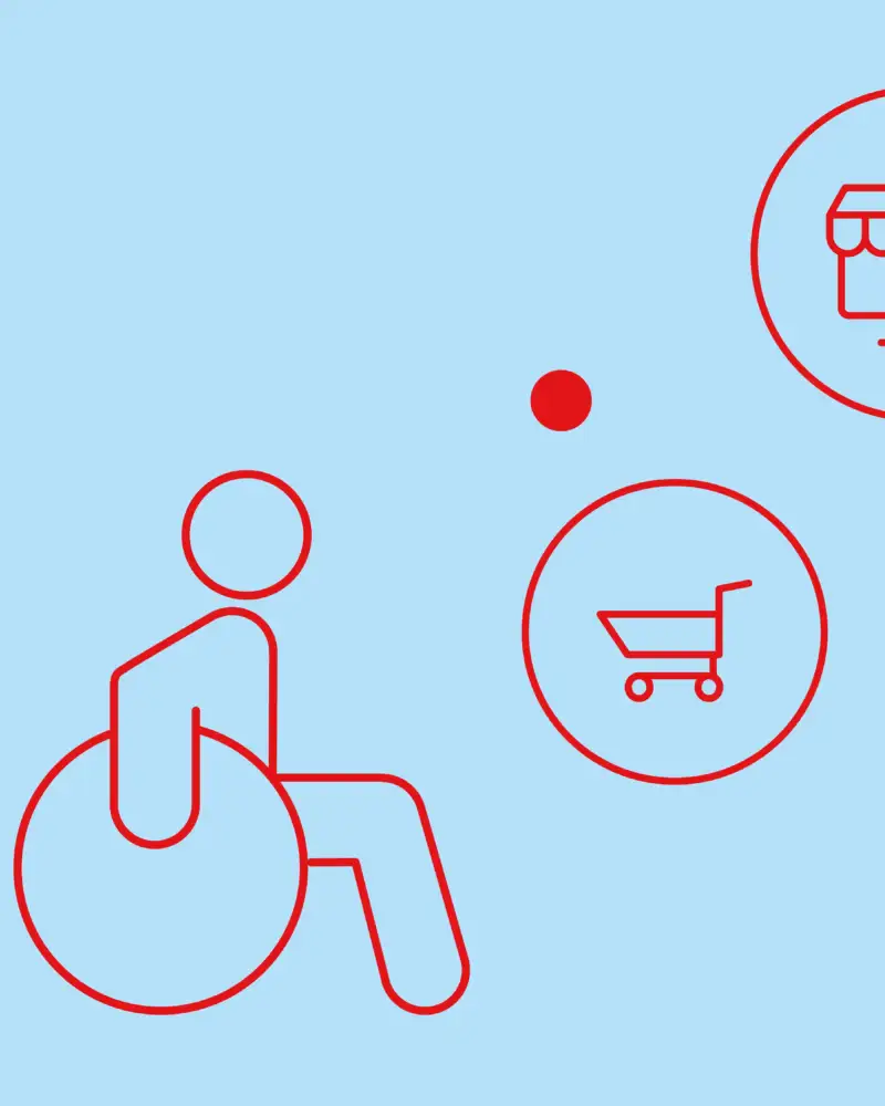 Eine Grafik auf der fünf Icons auf hellblauem Hintergrund verteilt sind: Eine Person im Rollstuhl, Ein Warenkorb, ein Bildschirm mit Markise (als Symbol für einen Online-Shop), ein Smartphone und ein Notebook.
