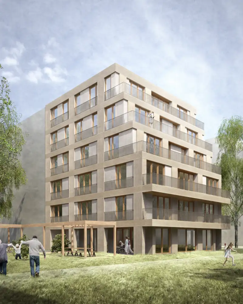 Computergefertigte Grafik von einem 6-stöckigen modernen Wohnhaus in Holzbauweise und mit Staffelgeschoss