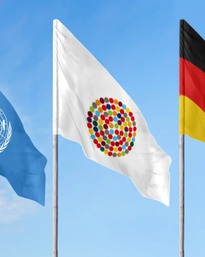 Vor einem blauen Himmel sind die Fahnen der UN, der Bundesrepublik Deutschland und das Inklusionslogo auf einer Fahne zu sehen.