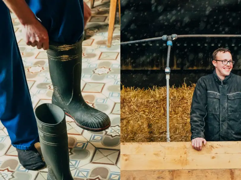 Philipp Adolfs zieht sich Gummistiefel an. Daneben: Philipp Adolfs steht vor einem Stall.