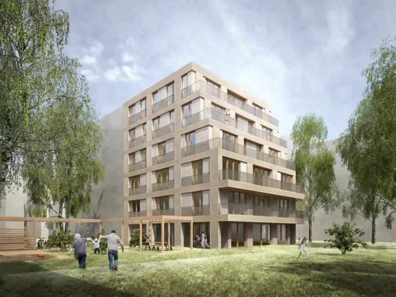 Computergefertigte Grafik von einem 6-stöckigen modernen Wohnhaus in Holzbauweise und mit Staffelgeschoss