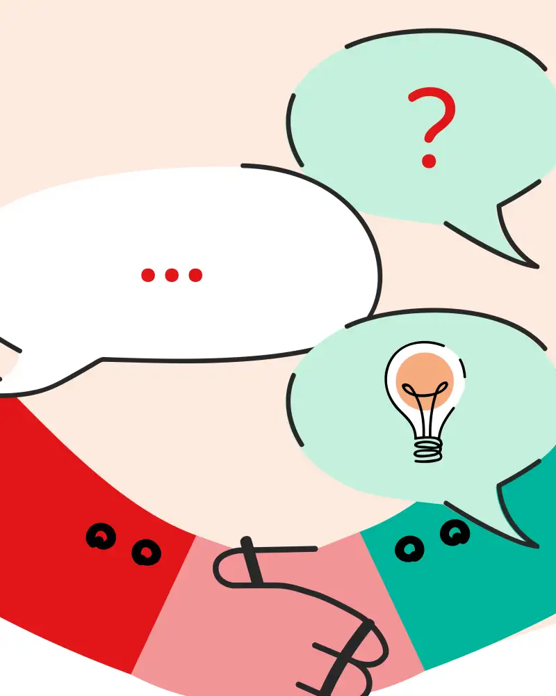 Die Hände von zwei Personen, die miteinander einschlagen. Darüber sind Sprechblasen mit unterschiedlichen Symbolen abgebildet: erst ein Fragezeichen, dann drei Punkte, die ein Gespräch symbolisieren, danach eine Glühbirne.