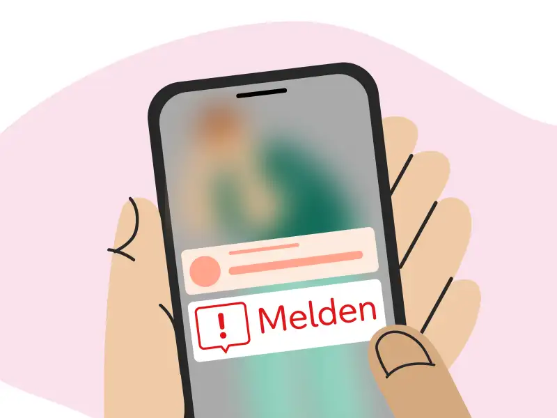 Eine Hand, die ein Mobiltelefon hält. Auf dem Bildschirm ist die Meldefunktion einer Online-Anwendung zu sehen.